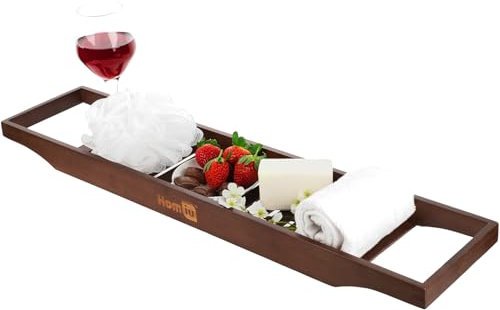 Homiu Vassoio da bagno in bambù, mensola da bagno sopra la vasca da bagno, casa, spa, porta libri, bicchieri da vino, candele, organizer per accessori da bagno, tavolino da bagno in legno (marrone)