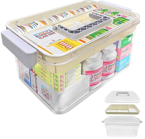 Medikamenten Aufbewahrung Medizinbox 2-Stöckige Medikamenten-Aufbewahrungsbox, Hausapotheke Box, Medikamentenbox groß, leere Erste Hilfe Box, Medikamenten Organizer für zu Hause,im Freien, Grau