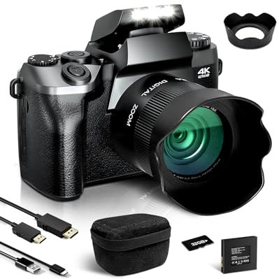 Fine Life Pro Digitalkamera 4K 64MP Fotokamera mit 4.0 Touchscreen, 16X Digitalzoom Kompaktkamera Mit Selfie-Frontkamera für Anfänger mit WiFi, mit Kameratasche, Haube, 64GB TF-Karte