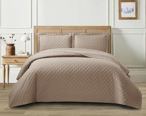 PRIME LINENS 3 Piece Quilted Bedspread Embossed Diamond Pattern Comforter Bedding Set Bed Throw with Pillow Cases (Diamond Check Mink, Double)