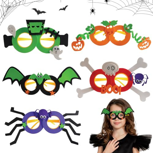 Halloween Basteln Kinder-Set, 5 Stück Cartoon-Gruselbrillen (Fledermaus, Geist, Spinne, Kürbis und Schädel), Kreatives DIY-Bastelset Kinder für Halloween Dekoration, Karneval und Geburtstagsparty