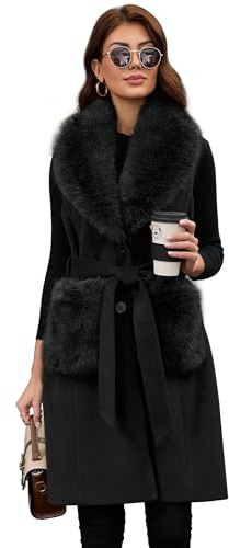 PAPILLON D'OR WEAR YOUR WINGS Gilet lungo da donna in lana con cintura e colletto in pelliccia sintetica staccabile e tasche cappotto senza maniche, nero, Small