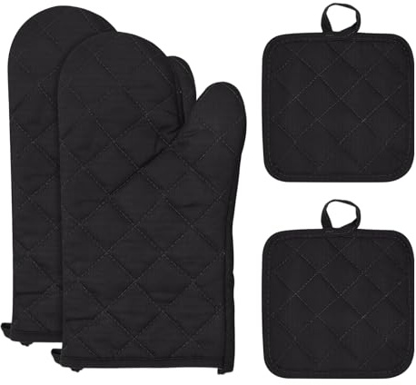 Set di 4 Guanti da Forno, Extra Lunghi Guanti da Forno Resistenti al Calore e Antiscivolo, in Morbido Cotone per Cucinare, Grigliare, Cuocere al Forno, Barbecue, Microonde (Nero)