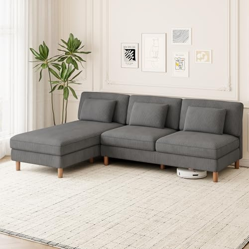 Vesgantti Cord 3 Sitzer Sofa mit Chaiselongue, 249 cm langes L-förmiges Ecksofa mit 3 Kissen, Kombination Sofa Deal für Wohnzimmer, Schlafzimmer und Büro, werkzeuglose Montage