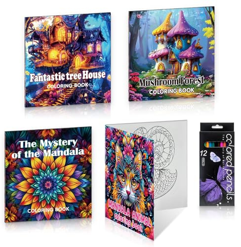 LHUDILS Mandalas Colorear Adultos con 4 Libros de Animales Flores y Casas Libros Para Colorear Adultos de 96 Páginas Coloring Book Incluye Lápices de Colores para Aliviar el Estrés y Relajación Mental