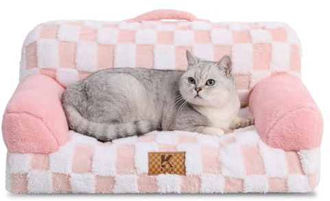 KSIIA Orthopädisches Katzenbett Flauschig 66x37cm, Abnehmbar Katzensofa Hundebett Waschbar, Hundesofa für Kleine Hunde mit Rutschfester Unterseite, Hundecouch mit Rückenlehne und Armlehnen, Rosa