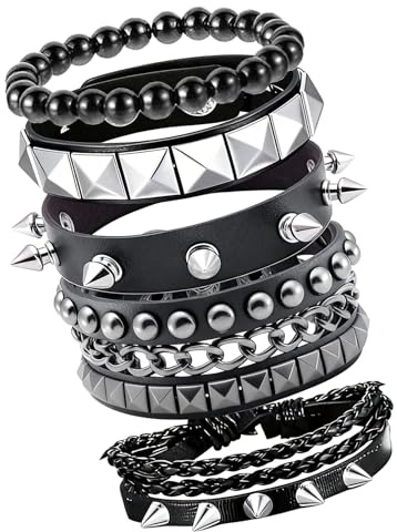 Werownsgso 4 bracciali punk, unisex, con borchie in pelle gotica, colore nero, regolabile, per Halloween, carnevale, rock, feste in costume