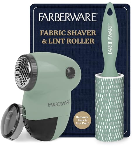 Farberware Fabric Shaver & Lint Remover Set–Battery Operated Sweater Shaver with Triple Blades and Extra Sticky Roller for Pet Hair, Fuzz & Pilling on Clothes, Upholstery & Bedding (Sage, Small)