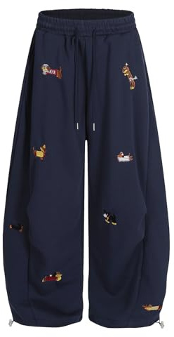 Wide Leg Joggers for Women UK,Fall Embroidery Puppy Barrel Sweatpants Baggy Y2K Dachshund Graphic Elastic Waist Lounge Pants Lightweight Comfy Athletic Joggers with Pockets(Navy,S)