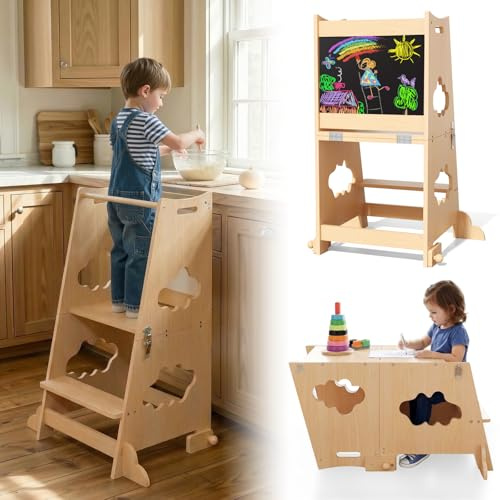 KIDINIX Torre di apprendimento a partire da 1 anno, 3 in 1 Montessori Learning Tower con ringhiera di sicurezza e lavagna, pieghevole per bambini con funzione tavolo per cucina, bagno, colore legno
