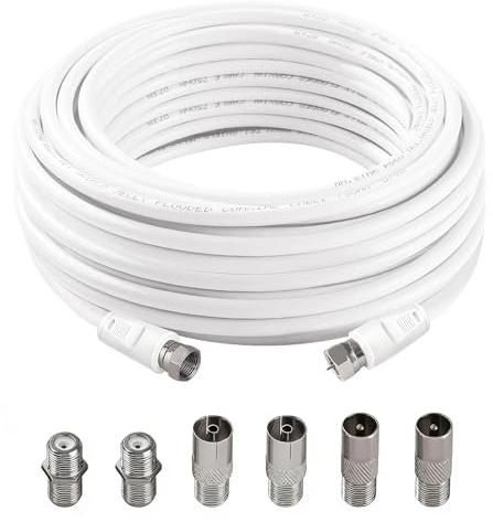 AmiCera Cavo coassiale RG6, 10 m, 75 Ohm, spina F su spina F, 6 pezzi, bianco