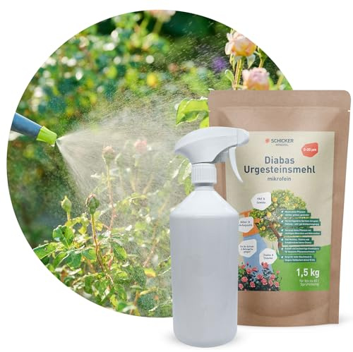 Schicker Mineral Diabas Urgesteinsmehl mikrofein Sprüh-Set, 1,5 kg Urgesteinsmehl + 1.000 ml Sprühflasche, natürlicher Pflanzenhilfsstoff, Gesteinsmehl, Blattdüngung, ökologische Schädlingsbekämpfung
