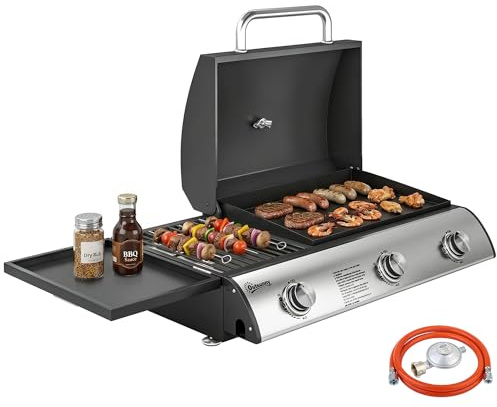 Outsunny Barbecue à gaz avec 3 brûleurs 7,5 kW - Barbecue de table portable avec grille, fer à repasser, étagère latérale convertible, thermomètre, couvercle, boîte d'égouttement, pieds réglables