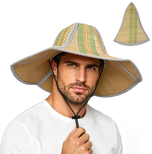 LCKEBT Cappello da Sole a Tesa Larga L/XL per Uomo e Donna UPF50+, Cappelli da Pesca da Safari di Paglia Intrecciato Classico, Cappello Escursionismo Uomo Estivo Protezione UV Impermeabile Pieghevole