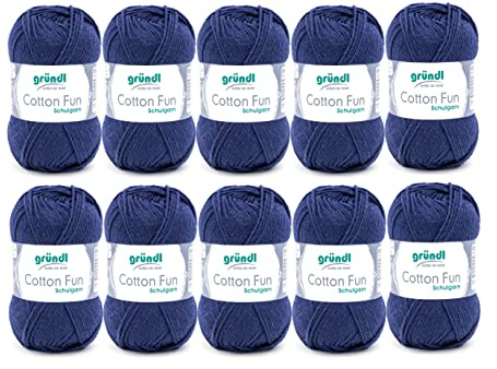 Gründl Wolle Cotton Fun Häkelgarn 10 Knäuel 50 g, Marine | Wolle zum Häkeln - Strickgarn - Häkelgarn - Pflegeleicht und hautfreundlich - 100 % Baumwolle - 50 g / 115 m - Nadelstärke 3