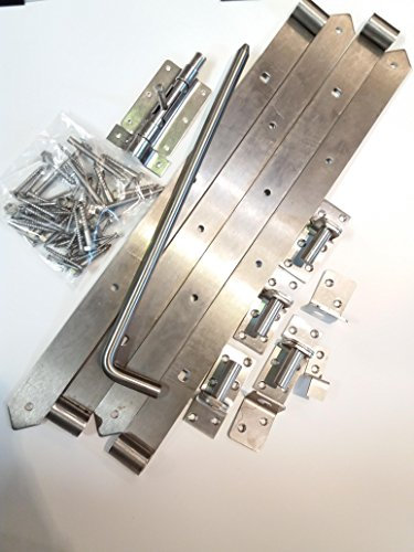 Gartenwelt Riegelsberger Beschlagsortiment aus Edelstahl für Jägerzaun-Doppeltore, Doppeltorbeschlag-Set, Doppeltorüberwurf, Bodenschieber, Ladenbänder 600mm, Kloben ø16mm Set
