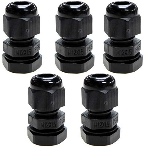 5pk Black M12 12mm TRS Stuffing Compression Glands for 3-6.5mm Cable, Waterproof IP68 with Locknut and Washer