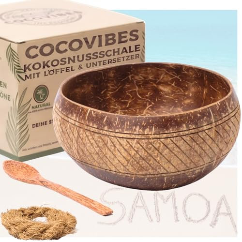 cocovibes Ciotola di cocco – Ciotola per cereali, frullati di cocco con anello anti-ribaltamento e cucchiaio in legno, per dessert e Buddha sostenibile (SAMOA-1)