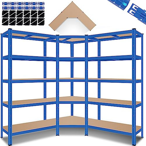 MASKO® 3er Set Regalsystem Metall Lagerregal 1x Eckregal & 2X Lagerregale 15 Böden | MDF-Platten Regal 2625 kg Werkstattregal Kellerregal Garage Schwerlastregal Steckregal, Blau