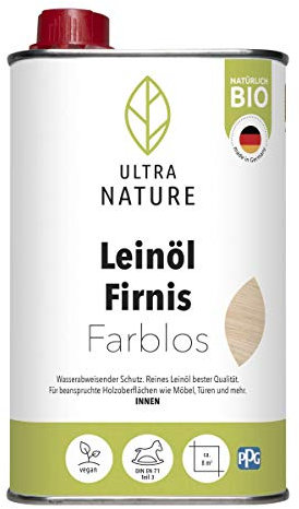 ULTRA NATURE Barniz de aceite de linaza 0,5 l, incoloro, vegano, ecológico, sin disolventes, protección para madera, barniz para madera