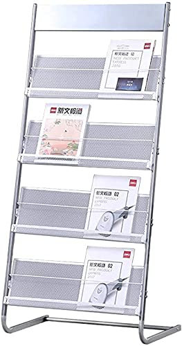 HWJX Zeitschriftenständer, Literaturständer mit 4 Taschen, bodenstehend, Prospekthalter Rack, Silber, 48 x 36 x 137 cm