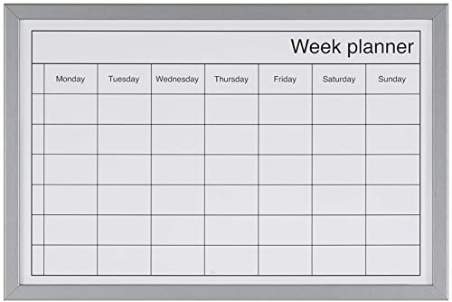 KAV Dry Wipe Weekly Planning Board with Pen - Aliminuim Frame Whiteboard for Wall Magnetic Surface Memo Boards, Kitchen Meal Planner, Calendar 400x600 MM(Silver)