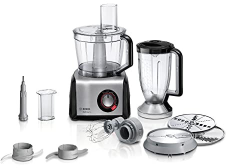 Bosch Kompakt-Küchenmaschine MultiTalent 8 MC812M814, vielseitig, XXL-Rührschüssel 3,9 L, Mixer 1,5 L, Universalmesser, Rührbesen, schneiden und raspeln (fein/grob), 1250 Watt, schwarz/edelstahl