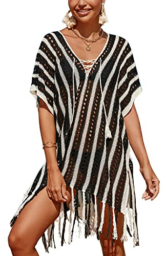 YOUKD Top de Túnica Boho para Mujer Cubre Playa Vestido Resort Kimono de Baño Ropa de Estar por Casa, B Negro, Talla única