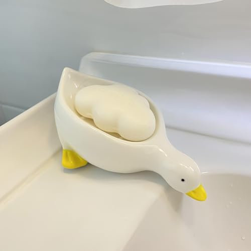 Keramische Nette Ente Seifenschale, selbstentwässernde Seifenhalter für Dusche Badezimmer Badewanne Küche Waschbecken Keramik Tablett Halter