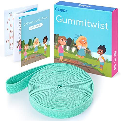 Cikyner Gummitwist Kinder Set，Hüpfgummi 4m lang 1.5cm weit Gummi Twist mit Anleitung Polyester-Latex Regenbogen Band für Kinder Hüpfspiele drinnen und draußen, Mädchen & Jungs (Hellgrün)