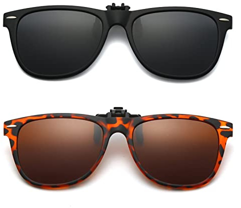 Long Keeper Clip-on solglasögon – polariserade flip-up-solglasögon över receptbelagda glasögon UV400 för män kvinnor, Mörkgrå + leopard brun