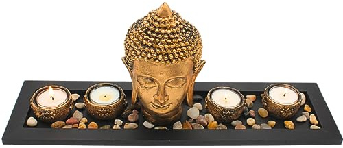 Komplettes Deko-Set mit 4 Teelichthalter und 1 Buddhakopf aus Keramik in Gold, auf Holztablett, inkl. Dekosteine, Größe Tablett L/B/H ca. 41 x 11,5 x 2 cm, Höhe Buddhakopf 17 cm