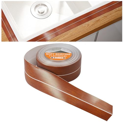 flintronic Sigillante Impermeabile, 5m*38mm-Marrone Venatura Legno | Battiscopa Morbido PVC Autoadesivo Impermeabile Antiolio Antimuffa, Per Cucina, Bagno e Mobili, ecc