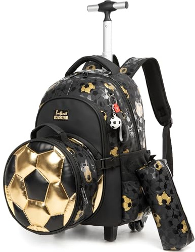 HTgroce School Bag with Wheels, Backpack with Trolley for Kids 1st Class for School Travel, black soccer, Rucksack