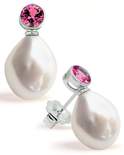Damen Perlenohrringe mit 12-13 mm Barock Süßwasser Zuchtperlen Weiß mit Zirkonia - SECRET & YOU - Perlenohrstecker 925er Sterling silber