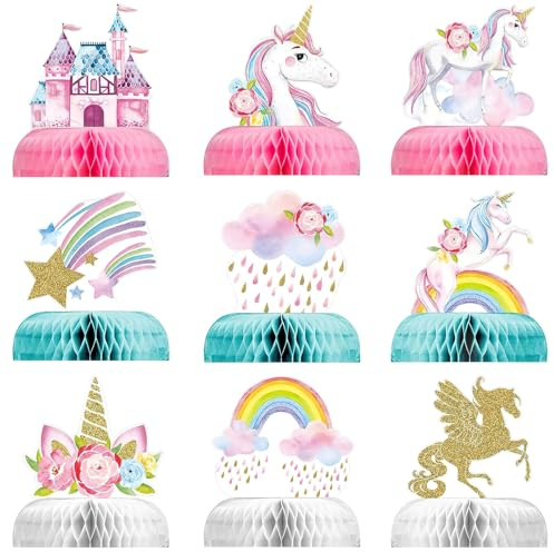 HENGBIRD 9 Pezzi Centrotavola a Nido d'Ape con Unicorno Arcobaleno per Ragazze a Tema Unicorno Festa di Compleanno Baby Shower Decorazioni da tavola Forniture
