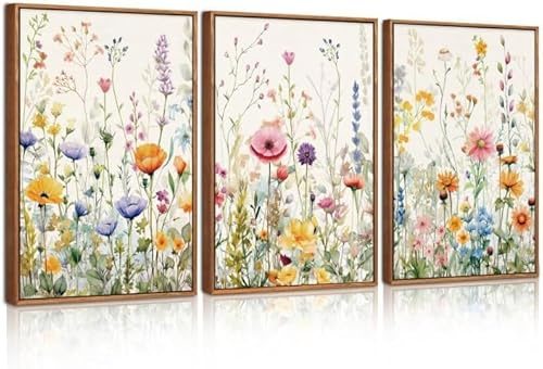 CHDITB 3Pcs Bunte Blumen Leinwand Wandkunst,Boho Blumen Wandbilder,Aquarell Wildblumen Poster,Wildblumen Blätter Bilder Deko Rahmen,Botanische Wanddeko Wohnzimmer Schlafzimmer Deko,30x40cm