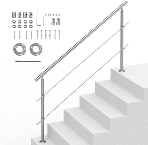 VEVOR Handrails for Outdoor Steps, 70.9in Length 2 Crossbars Stair Hand Rail Kit, Transitional Stainless Steel Railings w/Installation Kit, Double-Column Staircase Handrails for Seniors,Porch & Deck