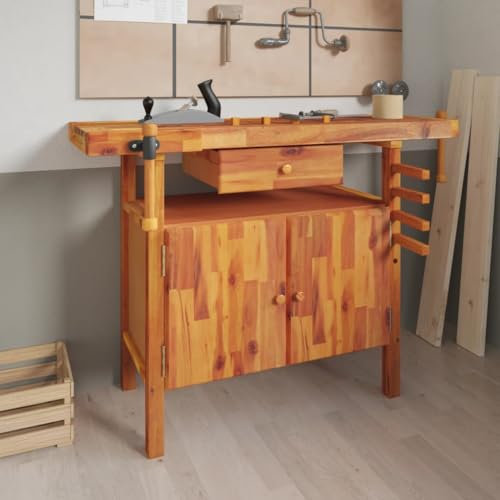 Furniture Select-Werkbank mit Schublade und Schraubstock 124x52x83cm Massivholz Akazie