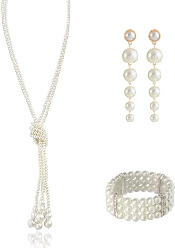 Scinzene Perlenkette Damen, 3-teiliges 20er Jahre Accessoires Set, Kunstperlen Halskette, Ohrringe und 4-reihiges Perlenarmband im 1920er Jahre Stil