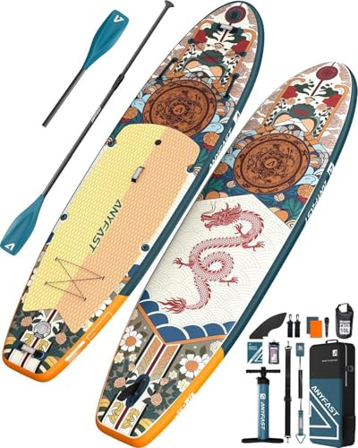 ANYFAST Aufblasbares Stand-Up-Paddelbrett für Angeln - 335x88cm Breit, Ultrastabil, mit Pumpe, Kamerabefestigung, Kindergriff, Leine, Rucksack und Zubehör