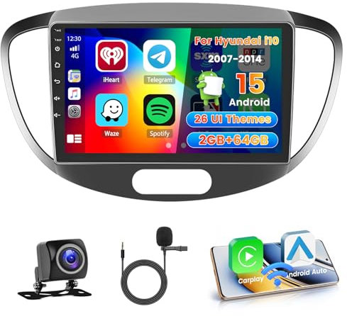Hikity 2+64G Stereo Auto per Hyundai i10 2007-2013 senza fili Carplay Android Auto Mirror Link, 9 Pollici Android Stereo Radio Bluetooth con GPS WIFI FM/RDS EQ SWC MIC Telecamera Posteriore