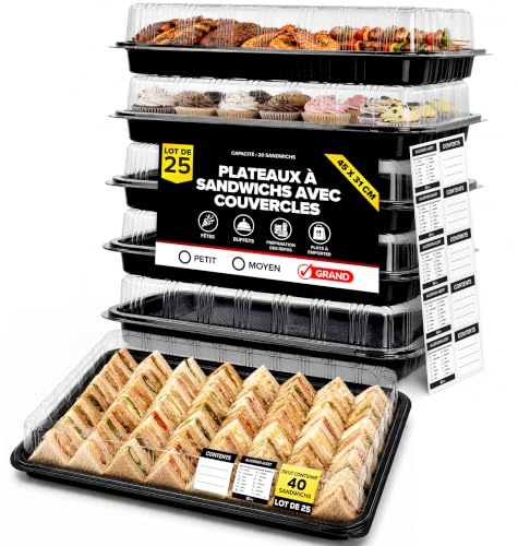 ebake Lot de 25 Plateaux de Service avec Couvercles - Plateaux Buffet en Plastique Réutilisables pour Traiteur, Plateaux à Sandwichs et Préparation des Repas – 45 x 31 x 7,5 cm