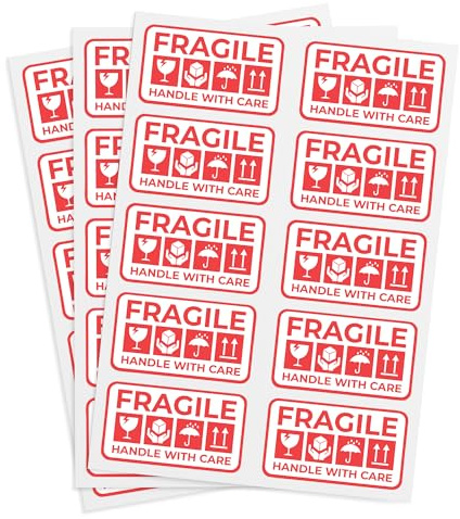 Cimpress Fragile Aufkleber Warnetiketten, 10 Sticker je Bogen, 8.7X4.9cm, Weiß-Rot, Starke Haftung, Etiketten Selbstklebend, Ideal für Umzugskartons, Verpackungsbänder, Vorsicht Zerbrechlich Aufkleber