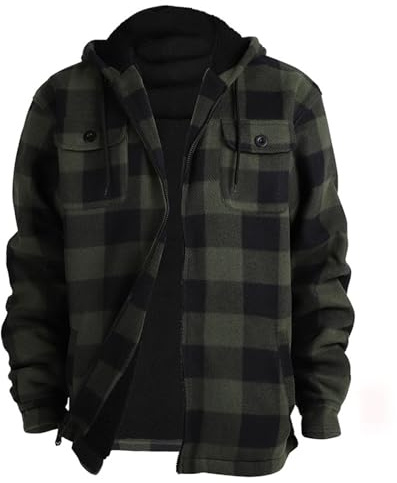 Generisch Veste en flanelle pour homme - Veste à capuche à carreaux doublée en polaire - Veste chaude de mi-saison - Automne - Hiver - Sweat à capuche boutonné - Veste d'hiver