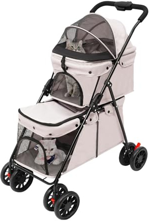 RjcdOPL Passeggino pieghevole a 2 livelli per cani e gatti, carrello per animali domestici, finestre in rete traspirante, fino a 15 kg, borsa per riporre oggetti, per passeggiate e viaggi (grigio)