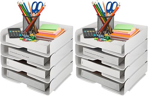 ASelected A4 Ablagefächer Stapelbar, Ordnungssystem Büro, 4-stöckige Ablagekorb, Dokumentenablage, 31,5 x 24,5 x 7 cm, für Papier, Zeitschriften, Quittungen, Bürobedarf (weiß） (Packung mit 2)