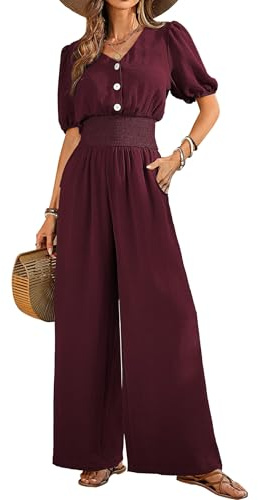 QUNERY Monos Mujer Verano Jumpsuit Elegante en V Color Sólido Mono Que Realza La Cintura Casual Sueltos Rompers con Bolsillos Moda Playa Rojo Oscuro XL