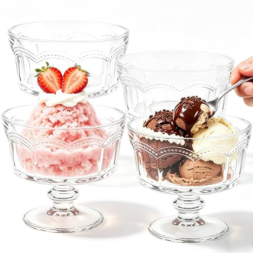 SilverChry Juego de 4 Vasos de Postre de Cristal, 250 ml,Cuencos Trifle,Tazones de Postre,Copas de Helado, Apto para Batidos, Postres, Hielo Raspado y Ensaladas de Frutas (250ML)
