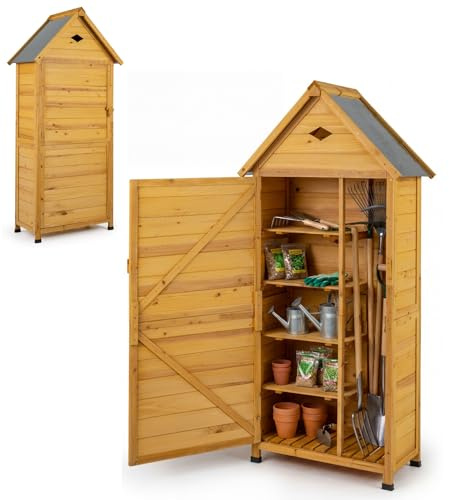 RELAX4LIFE Gartenschrank Holz, Gerätehaus Outdoor mit 4 abnehmbaren Regalen & abschließbarer Tür, schräges Dach aus verzinktem Metall, Geräteschuppen für Garten, Balkon, Terrasse, 81 x 46 x 174 cm